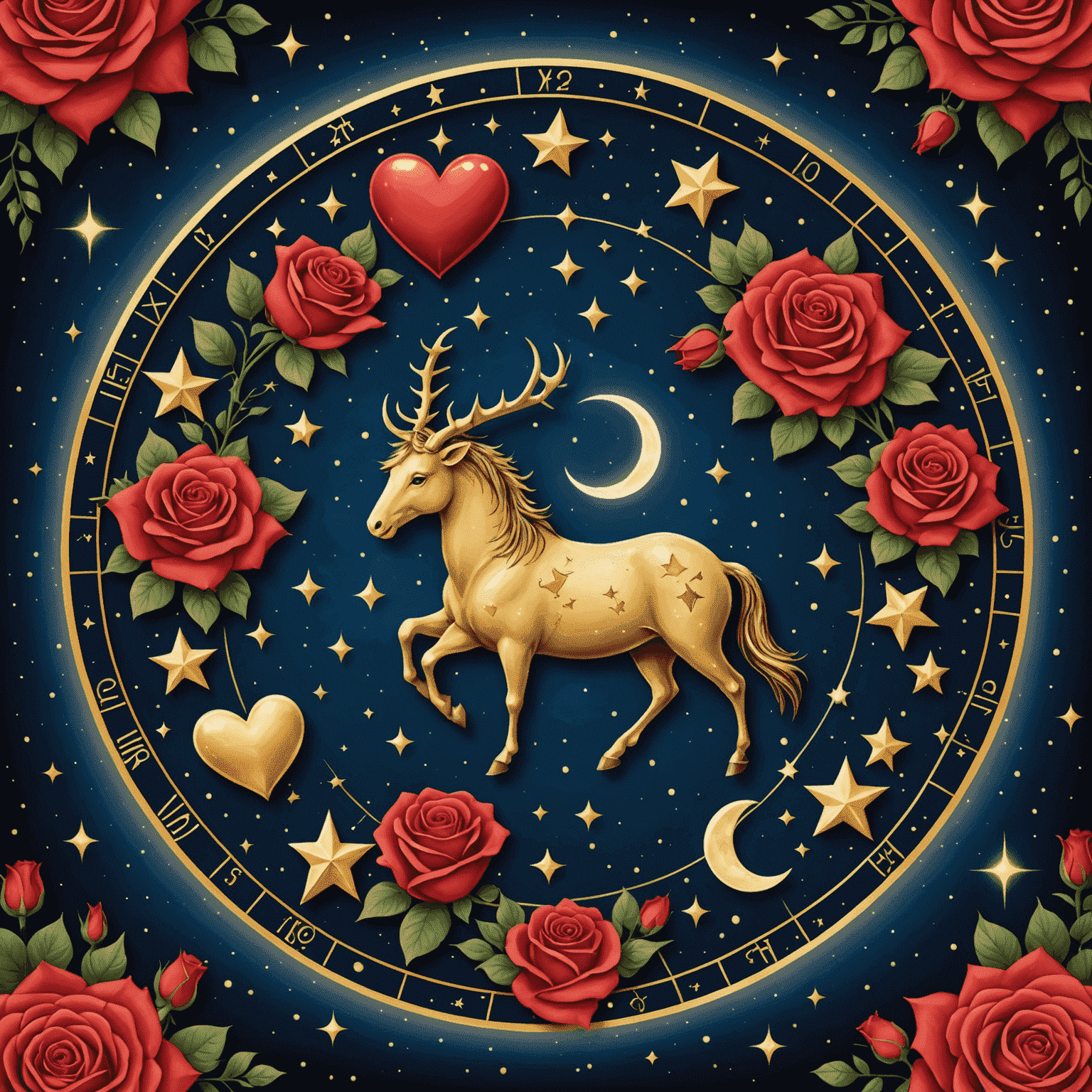Ilustracja przedstawiająca znaki zodiaku otoczone symbolami miłości i romantyzmu, takie jak serca, róże i gwiazdy, na tle nocnego nieba