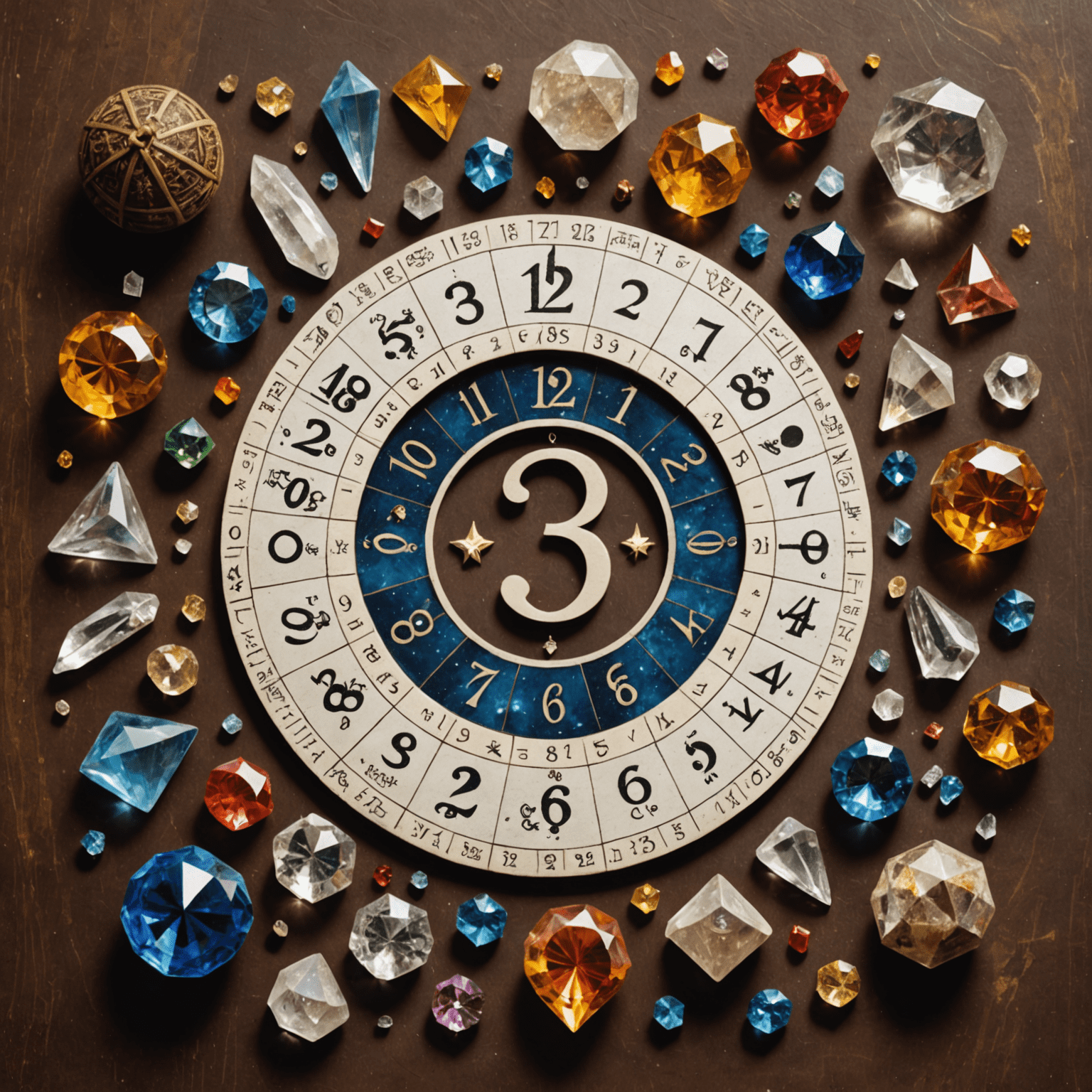 Kolaż przedstawiający różne aspekty numerologii: wykres numerologiczny, kryształy związane z liczbami, oraz symbole numerologiczne